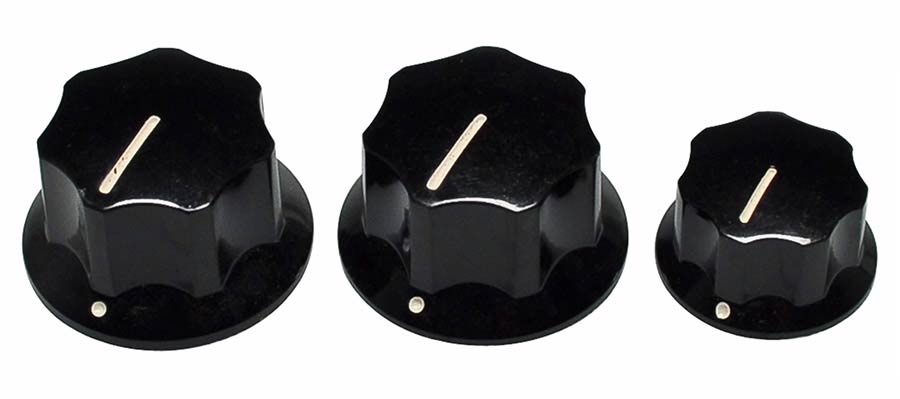 Fender jbass/mustang knobs for CTS shaft size, 2+1, black