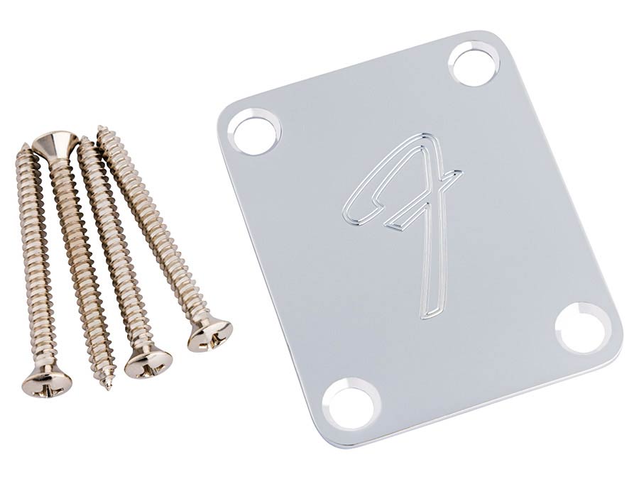 Fender neck plate American Vintage '70s, for guitar and bass, 'F-logo', chroom