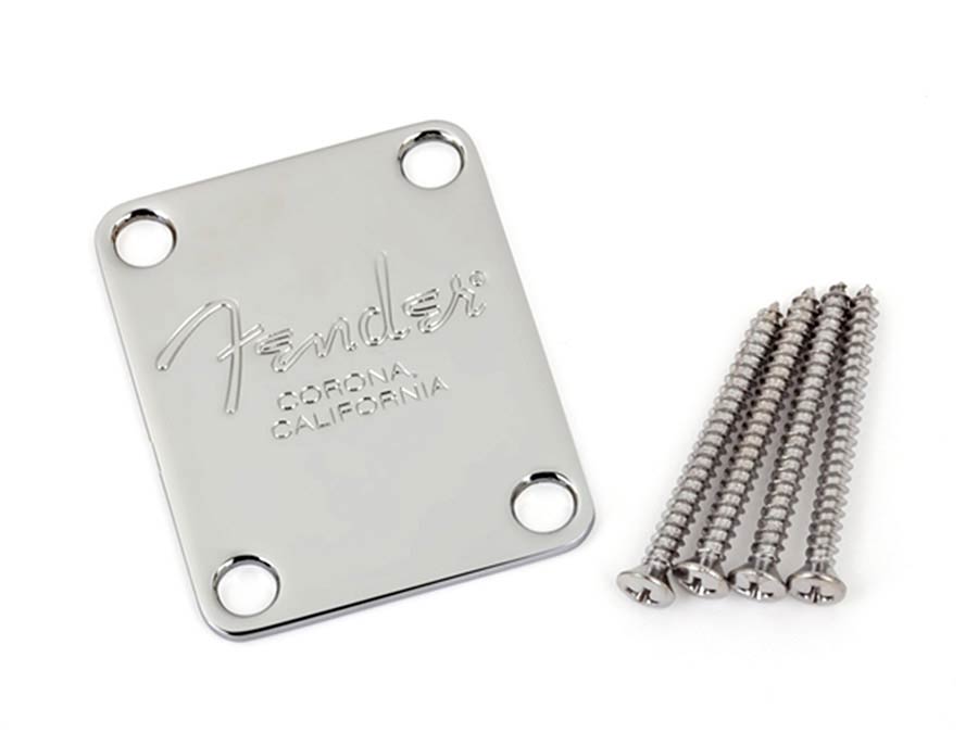 Fender neck plate American Series, for bass, Fender Corona logo, chroom