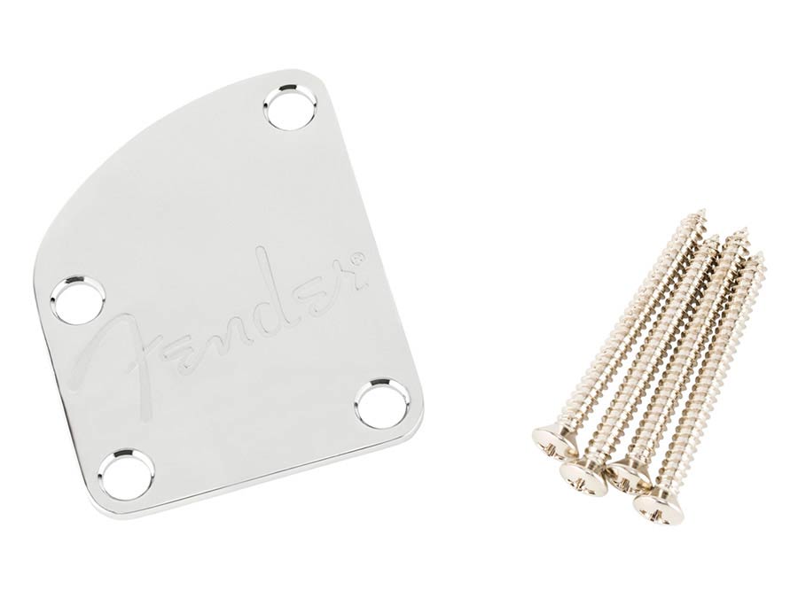 Fender neck plate Deluxe and Elite guitars, 'F-logo', 4-bolt, chrome