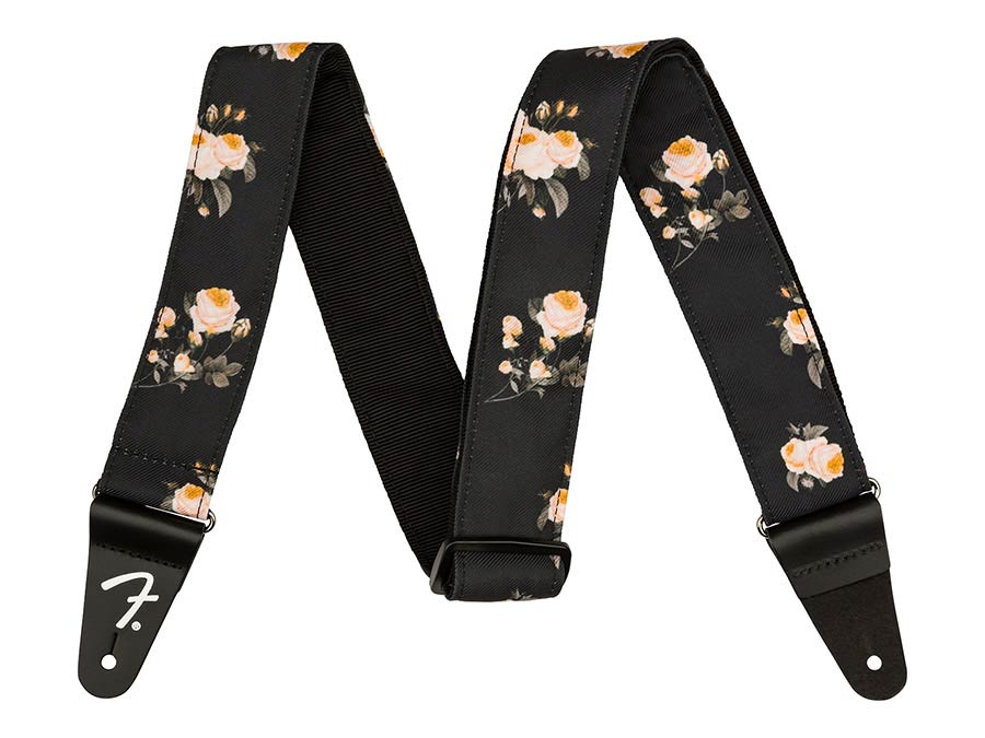Fender gitaarriem 2 inch, Floral polyester twill fabric – zwart