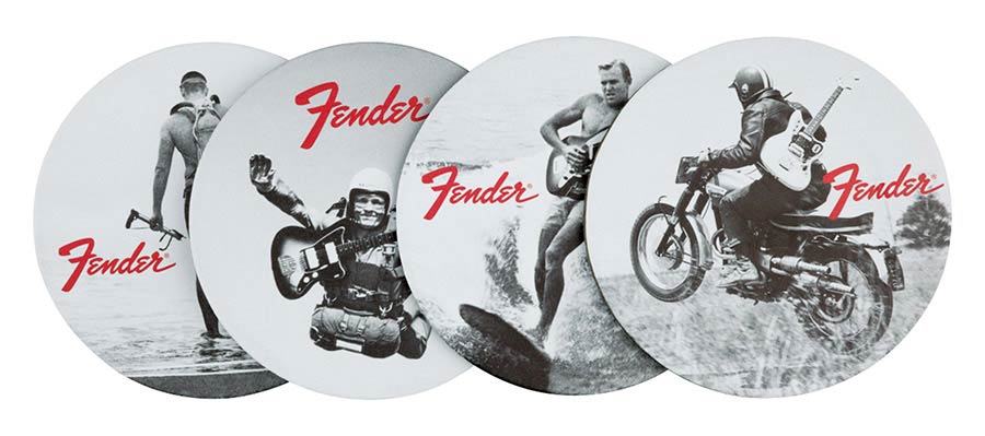 Fender vintage '60s ads coasters, black & white print on leather, 4 pcs.