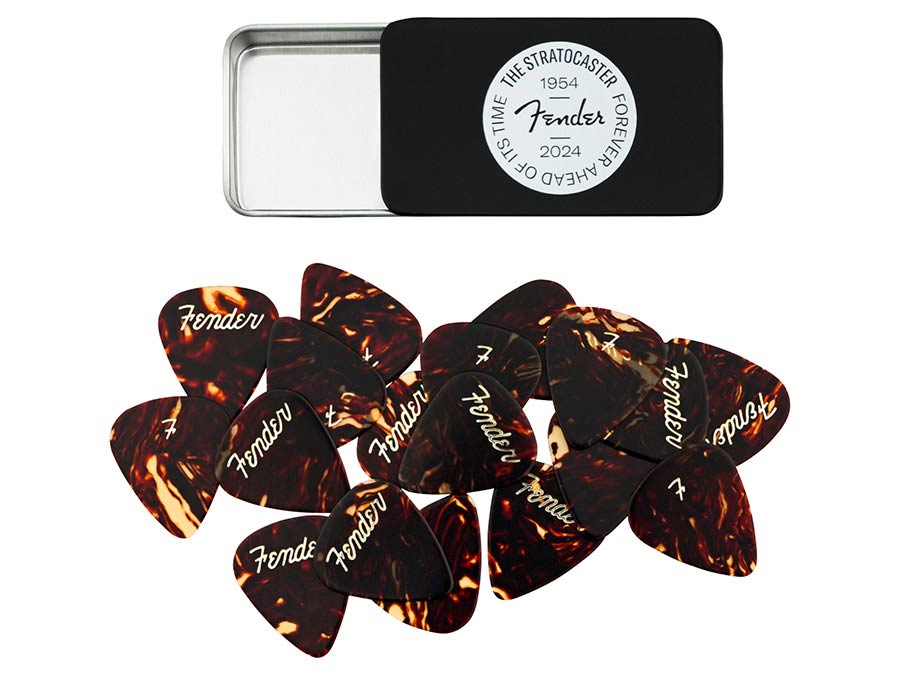 Fender 70th anniversary pick tin, 351 shape, celluloid picks, medium gauge, 12 pieces
