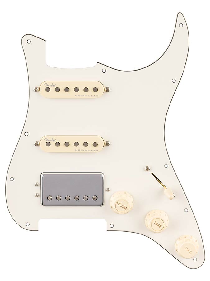 Fender pre-wired Strat pickguard, quadra tap/ultra noiseless HSS, 11 hole, parchment