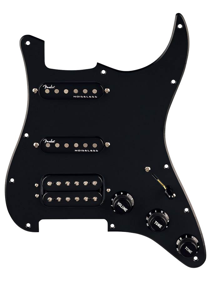Fender pre-wired Strat pickguard, quadra tap/ultra noiseless HSS, 11 hole, black
