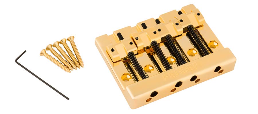 Fender Himass 4-string bass bridge assembly with zinc saddles, gold