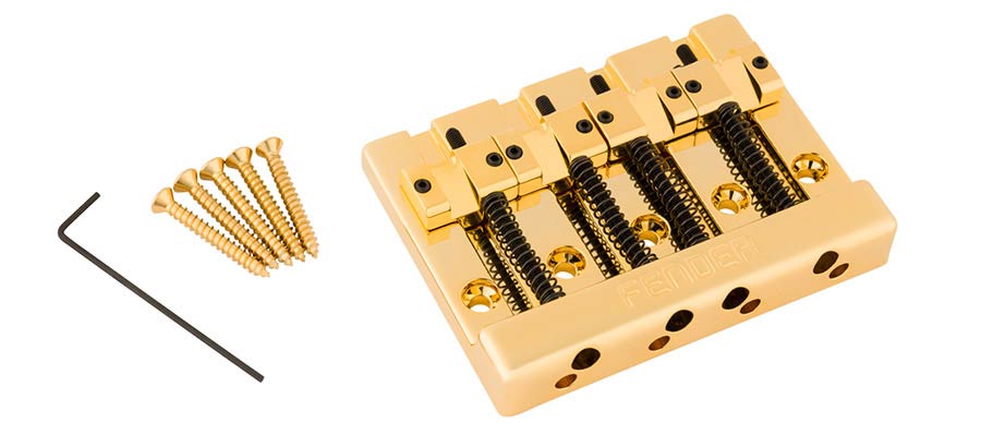 Fender Himass 4-string bass bridge assembly with brass saddles, gold
