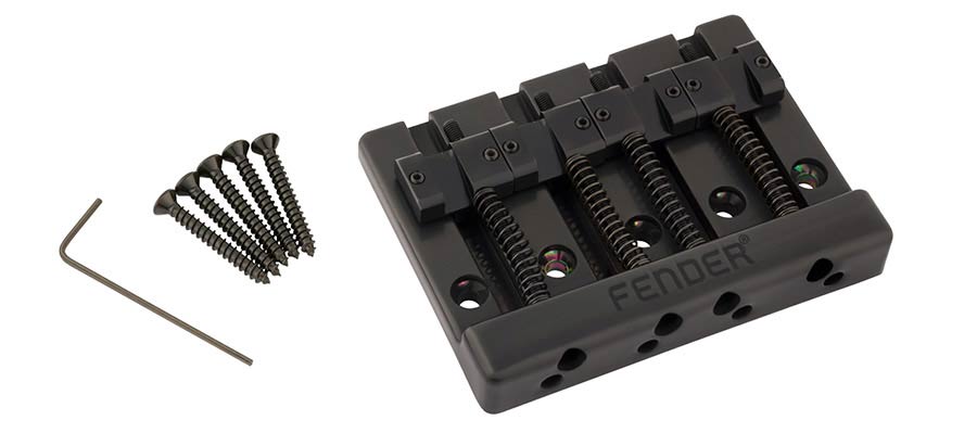 Fender Himass 4-string bass bridge assembly with brass saddles, black