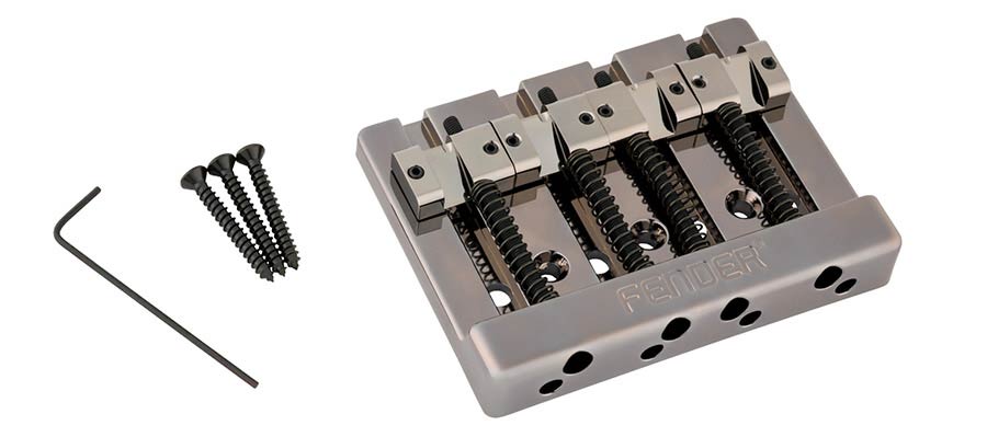 Fender Himass string-through 4-string bass bridge assembly with brass saddles, black chrome