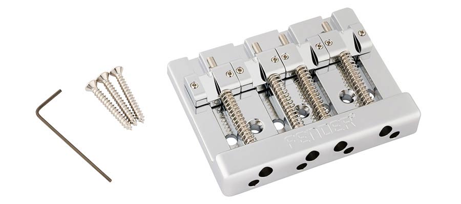 Fender Himass string-through 4-string bass bridge assembly with brass saddles, chrome