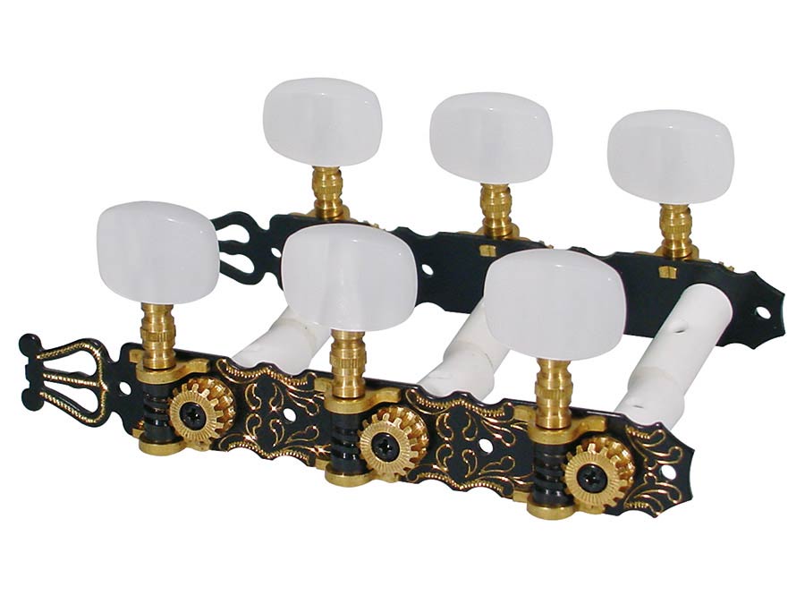 Boston 132-PBE Stemmechanieken voor klassieke gitaar, nylon as, 3x links+3x recht 70mm, parelmoer, zwart gegraveer