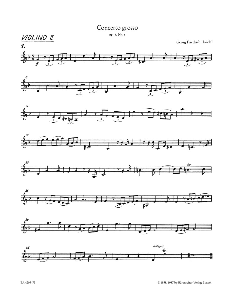 Handel: Concerto grosso D minor op. 3/5 HWV 316 (Viool 2)