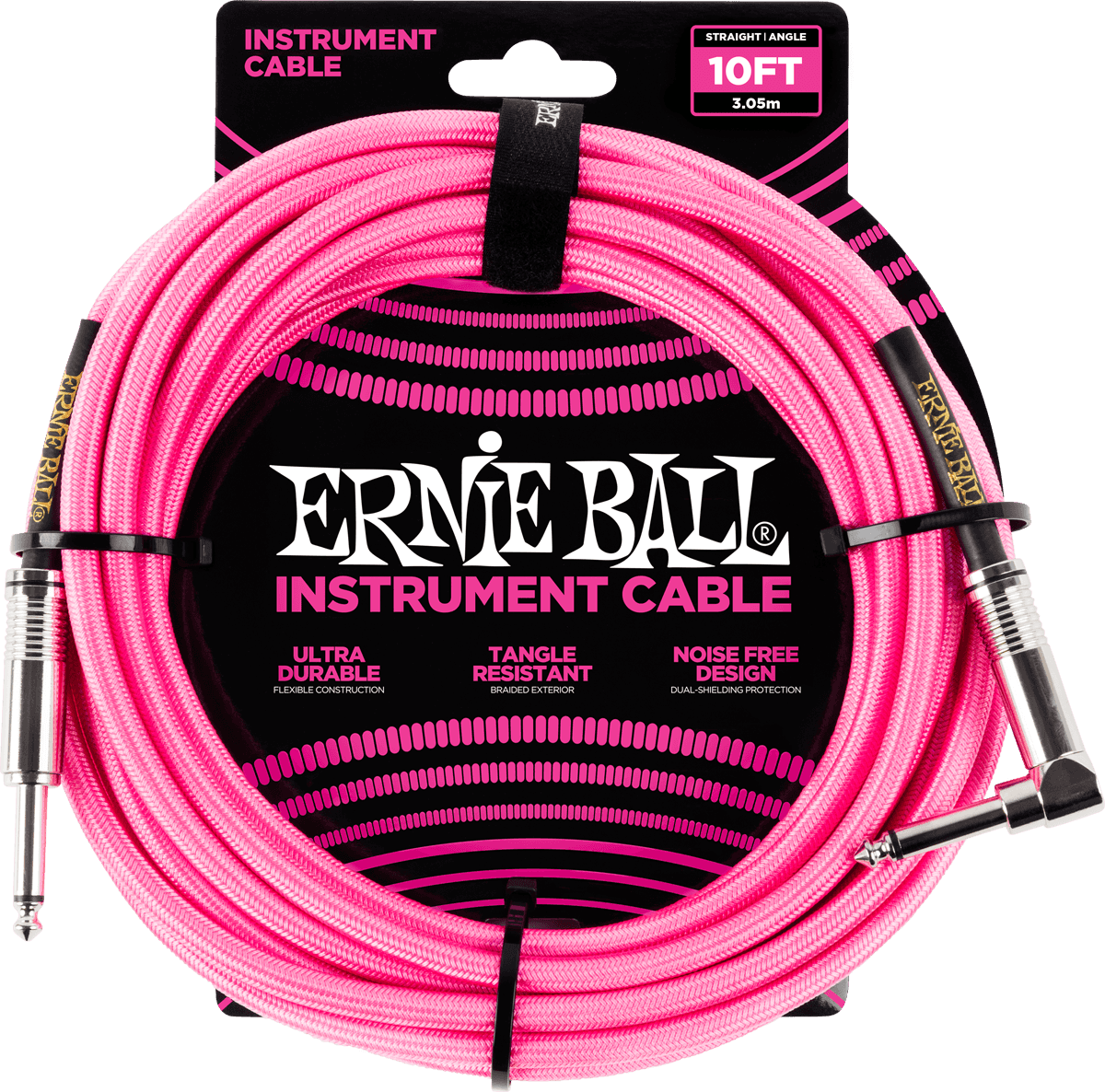 Ernie Ball Geweven Sleeve Instrumentkabel 6.35mm jack - 6.35mm jack Haaks 3 m – Jack/jack haaks 3m roze fluo