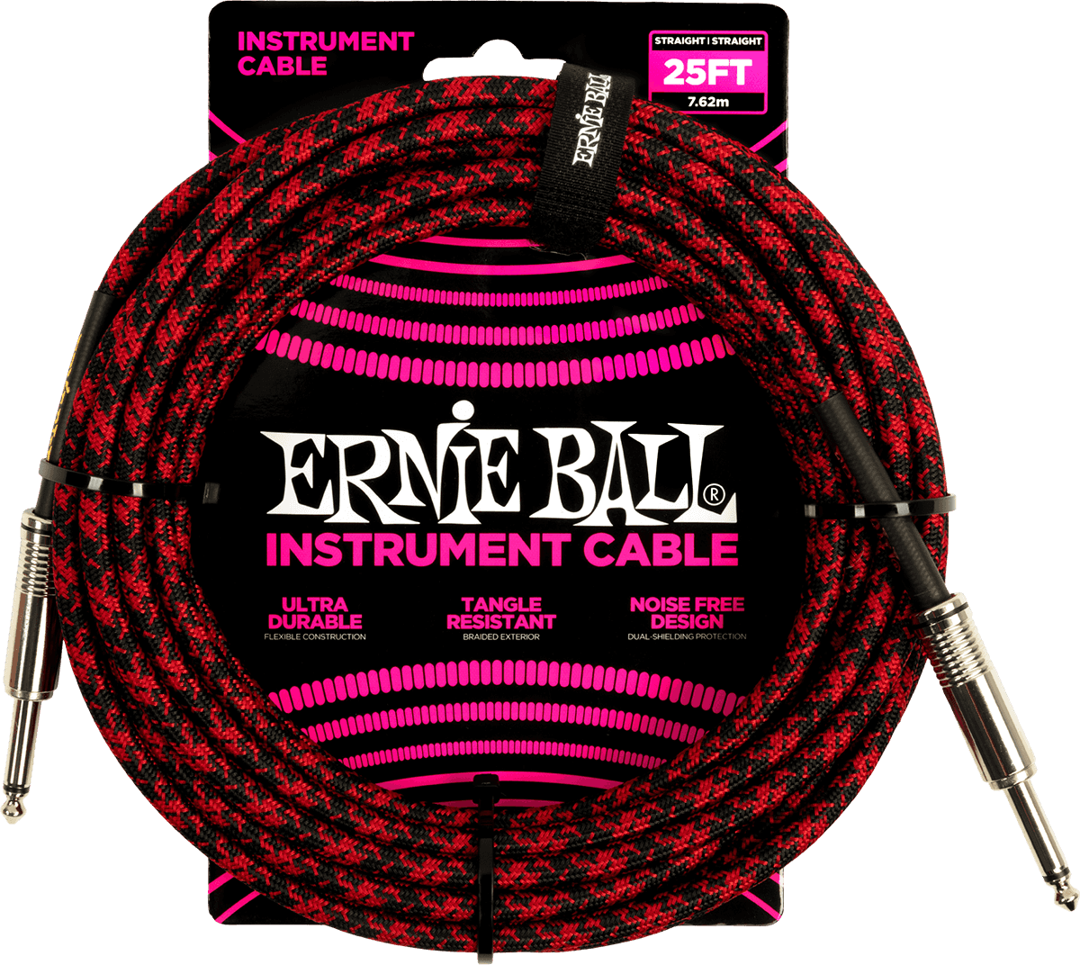 Ernie Ball Geweven Sleeve Instrumentkabel 6.35mm jack - 6.35mm jack 7.62 m Rood, Zwart