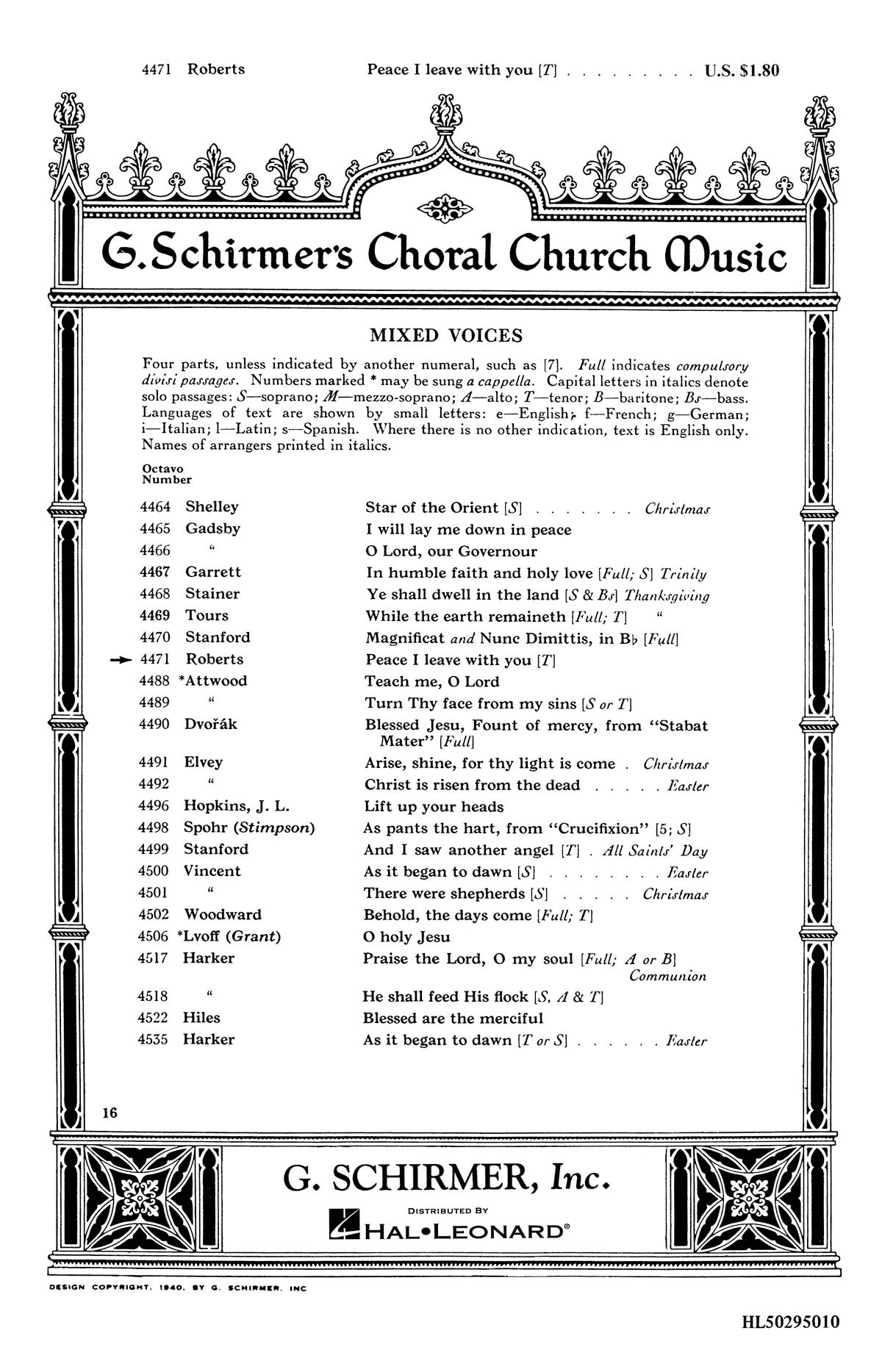 Roberts: Peace I Leave With You Organ