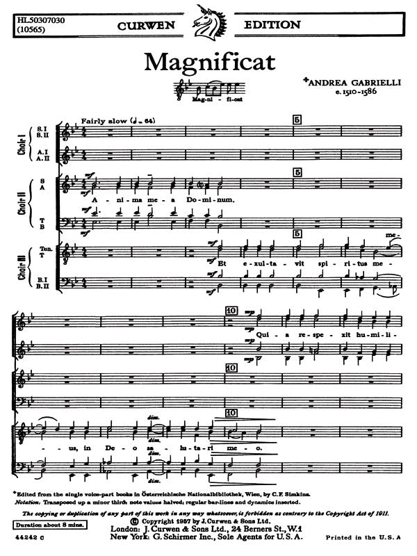 Gabrielli: Magnificat For Three Choruses SATB TTBB SSAA