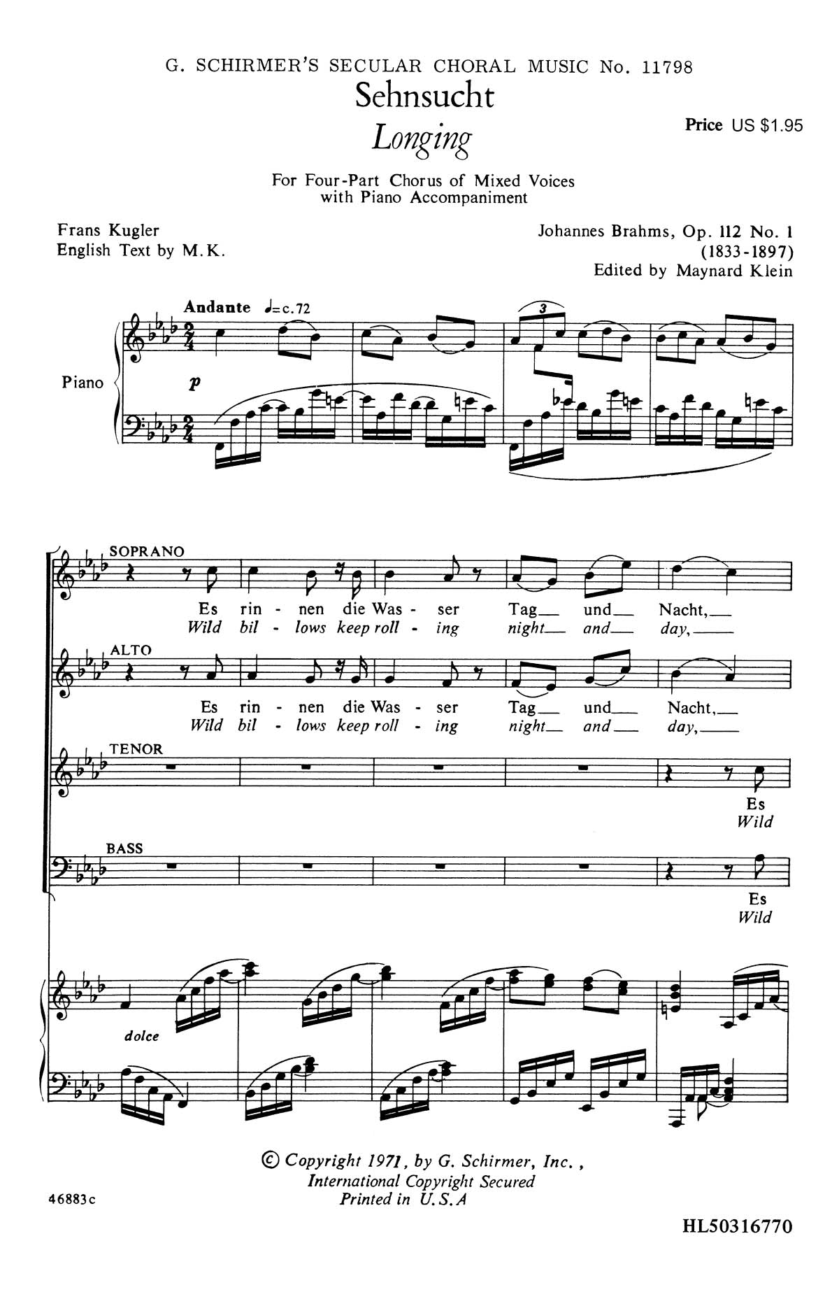 Brahms: Sehnsucht No1 Op112 Longing English And German