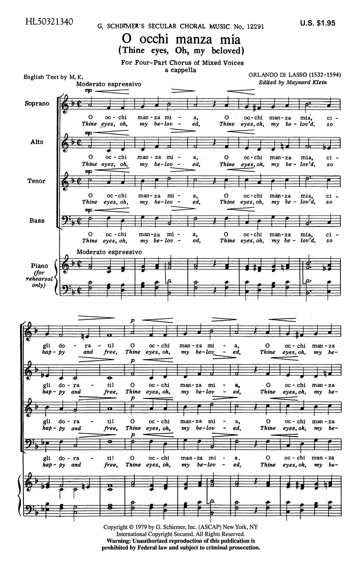 Lasso: O Occhi Manza Mia (Thine Eyesoh,My Beloved)