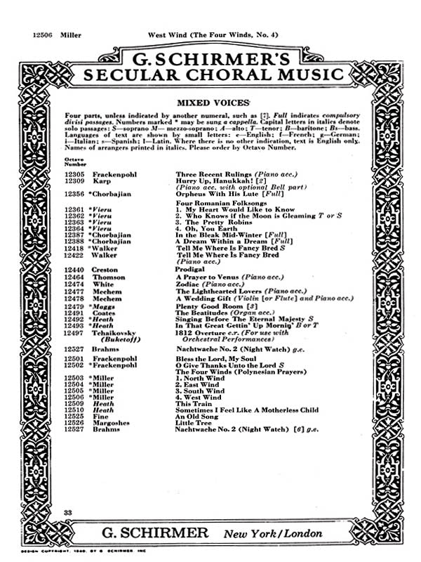 Miller: West Wind 4 Winds No4 - A Cappella