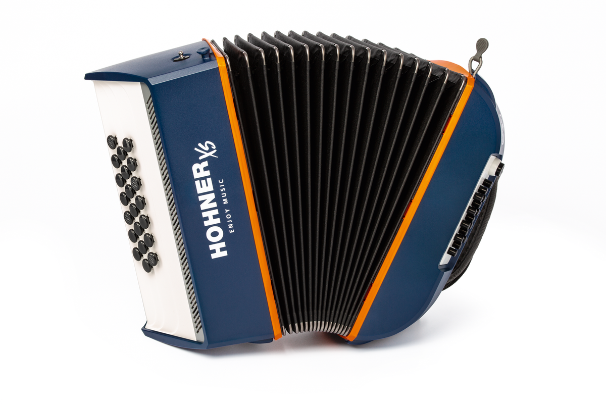Hohner HOA2930 Accordeon, XS, Blauw-Oranje, Knoppenmodel, Kinder-Draagriem