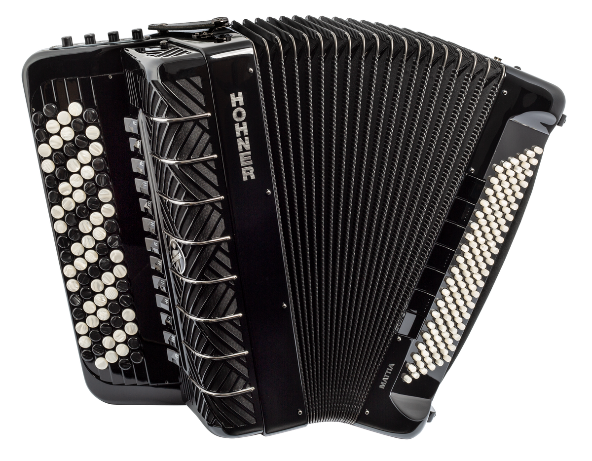 Hohner HOA3690 accordeon, Mattia IV 120, gun black, C-grip,cassotto,parelmoeren knoppen