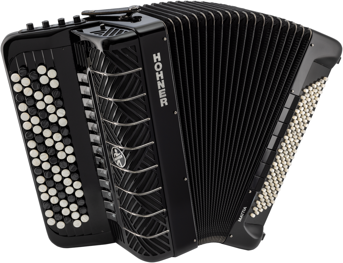 Hohner HOA3691 accordeon, Mattia IV 120, gun black, Bb-grip,cassotto,parelmoeren knoppen