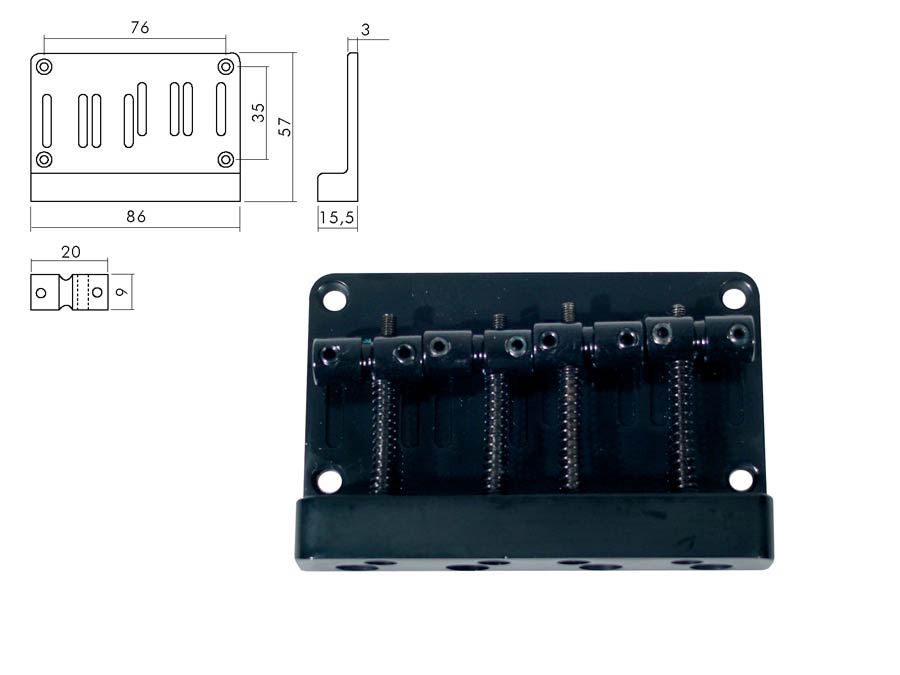 Boston BB-304-B brug-staartstuk, Jocker/ Puncher bass, pitch 20mm, zwart