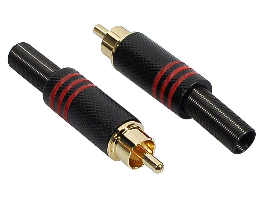 Boston MRCA-25-RD RCA plug, male, zwart, metaal, 2 stuks, rode ring, veer 6,2 mm
