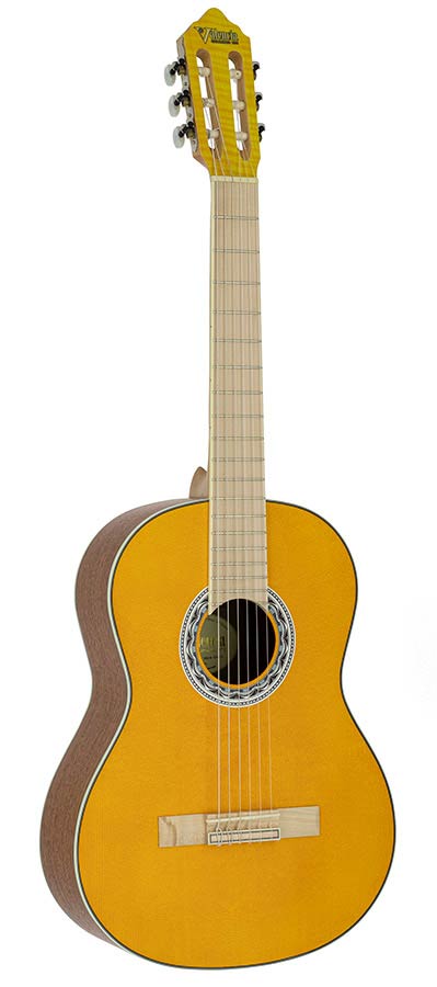 Valencia:"Klassieke gitaar 4/4, hybride hals, sitka spar & mahonie, geel