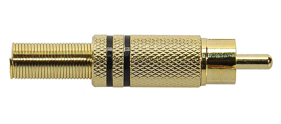 RCA plug, male, metal gold lacker, spring 6,2 mm, gold contacts, 2 pcs black ring