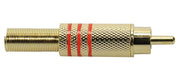 RCA plug, male, metal gold lacker, spring 6,2 mm, gold contacts, 2 pcs red ring