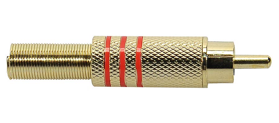 RCA plug, male, metal gold lacker, spring 6,2 mm, gold contacts, 2 pcs red ring