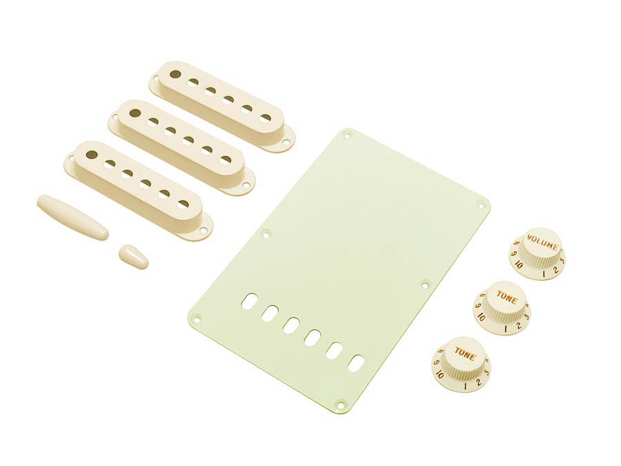 Fender strat accessory kit, contains pot knobs, switch tip, backplate, pickup covers, aged white