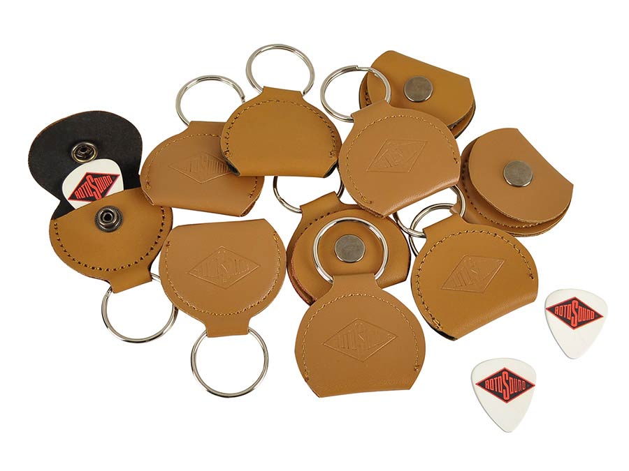 Rotosound KR-85/RS key ring, with brown leather pick holder, with 0.73mm white celluloid logo pick