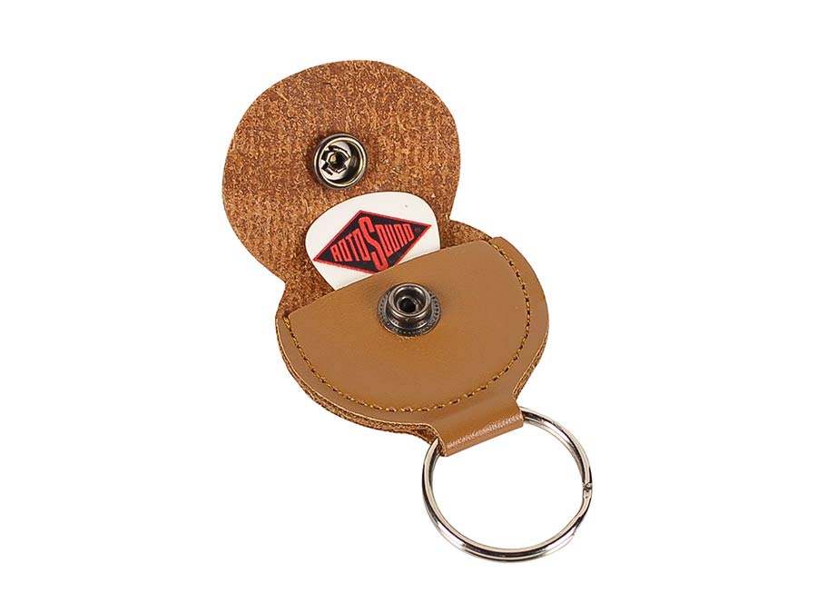 Rotosound KR-85/RS key ring, with brown leather pick holder, with 0.73mm white celluloid logo pick