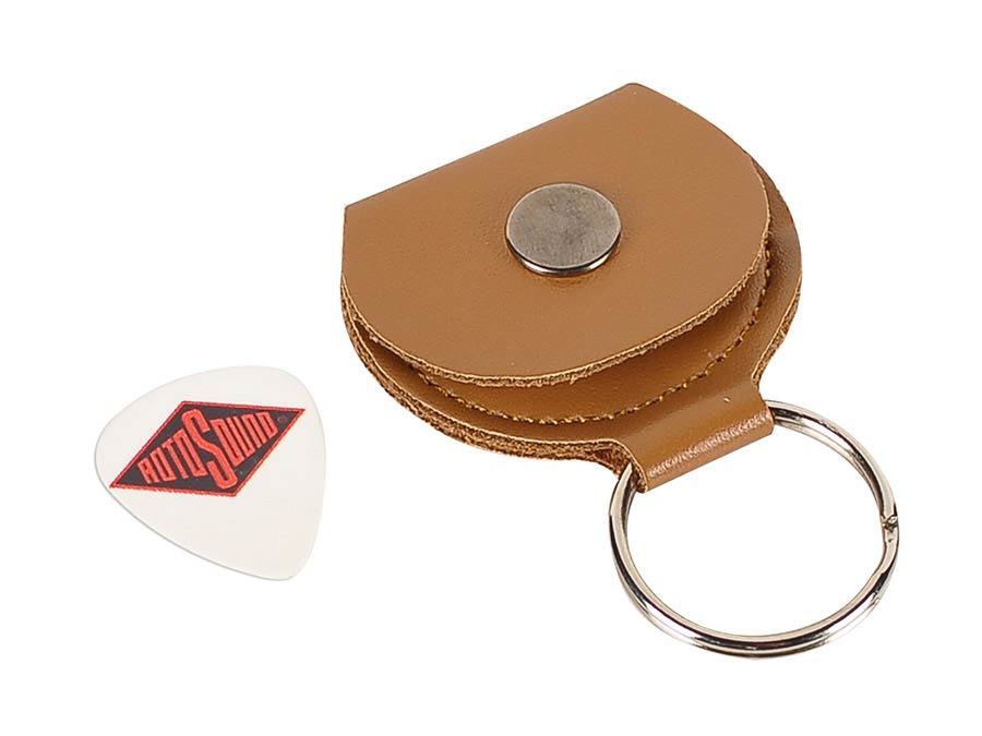 Rotosound KR-85/RS key ring, with brown leather pick holder, with 0.73mm white celluloid logo pick