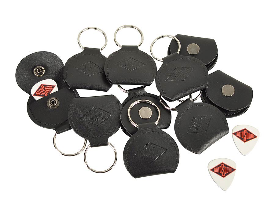 Rotosound KR-85/RS2 key ring, with black leather pick holder, with 0.73mm white celluloid logo pick