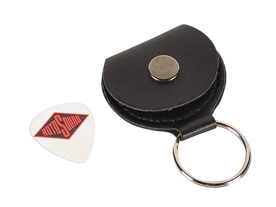 Rotosound KR-85/RS2 key ring, with black leather pick holder, with 0.73mm white celluloid logo pick