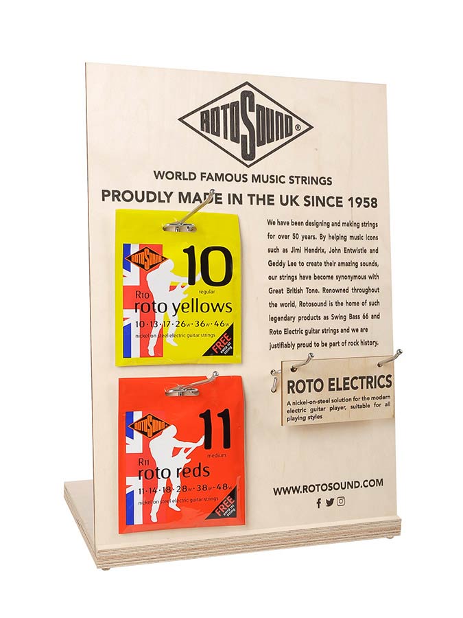 Rotosound RS-CTD-01 toonbankdisplay "set van de maand" met bordjes en haken
