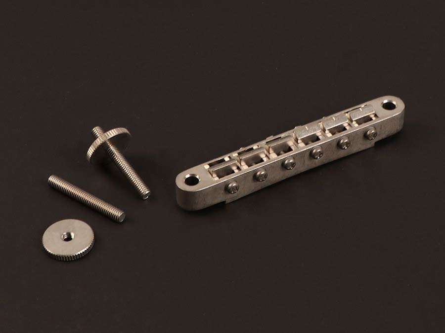 Gotoh - GTH12648 - GE104B guitar bridge tune-o-matic, vintage 11mm saddle travel, vintage posts, aged nickel
