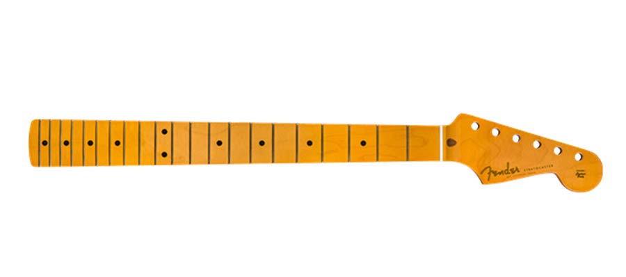 Fender 50's Stratocaster neck, 21 vintage frets, 7,25" radius maple fb, soft V-shape, amber lacquered