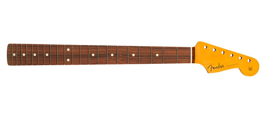Fender 60's Stratocaster neck, 21 medium jumbo frets, 7,25" pau ferro fingerboard, C-shape, amber lacquer