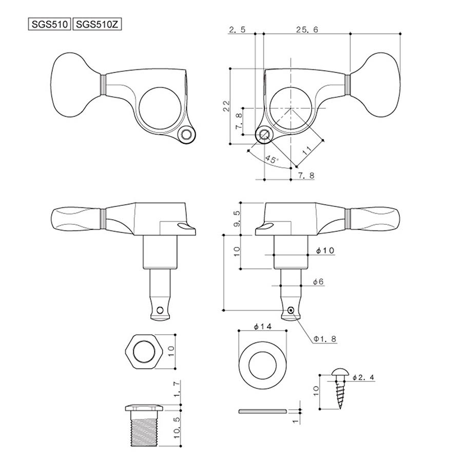 Gotoh GTH14304 SGL510 stemmechanieken met L5-knoppen, 3 links + 3 rechts, goud