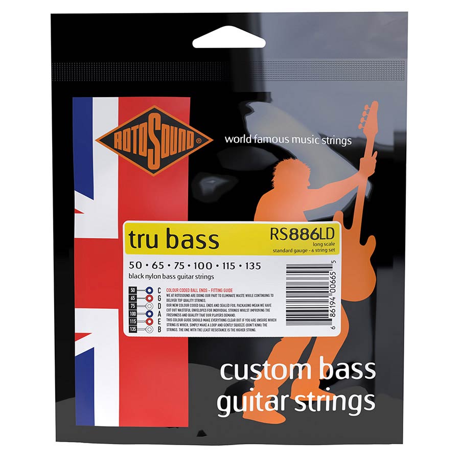 Rotosound RS886LD Tru Bass 88 string set electric bass 6 black nylon flatwound 50-135, standard gauge