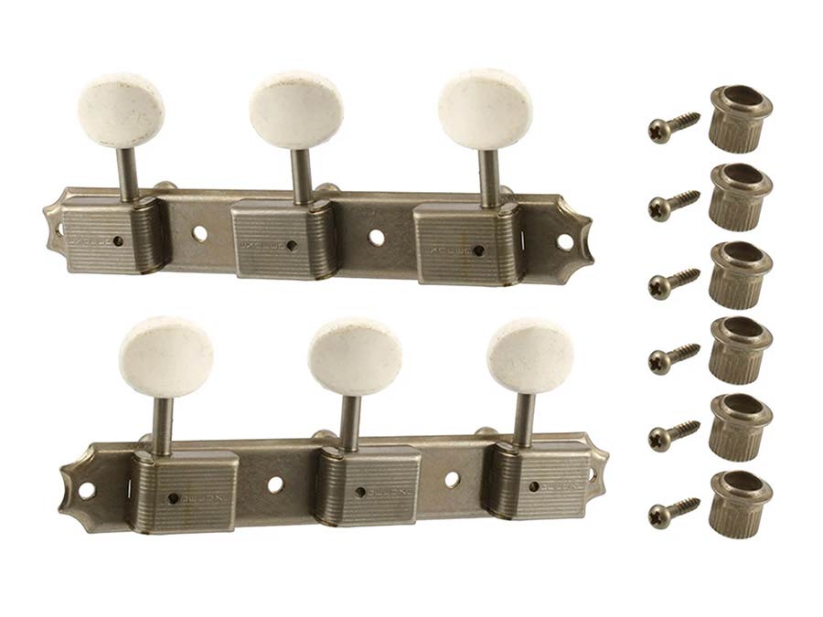 Allparts TK0700007 Gotoh Vintage Deluxe stemmechanieken op strip, 3 links + 3 rechts, 70 mm, verouderd nikkel