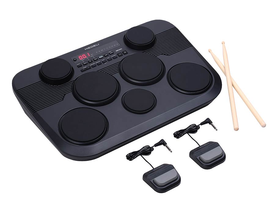 table drum with 7 pads, touch sensitive, 2 x pad pedals, incl. drumsticks