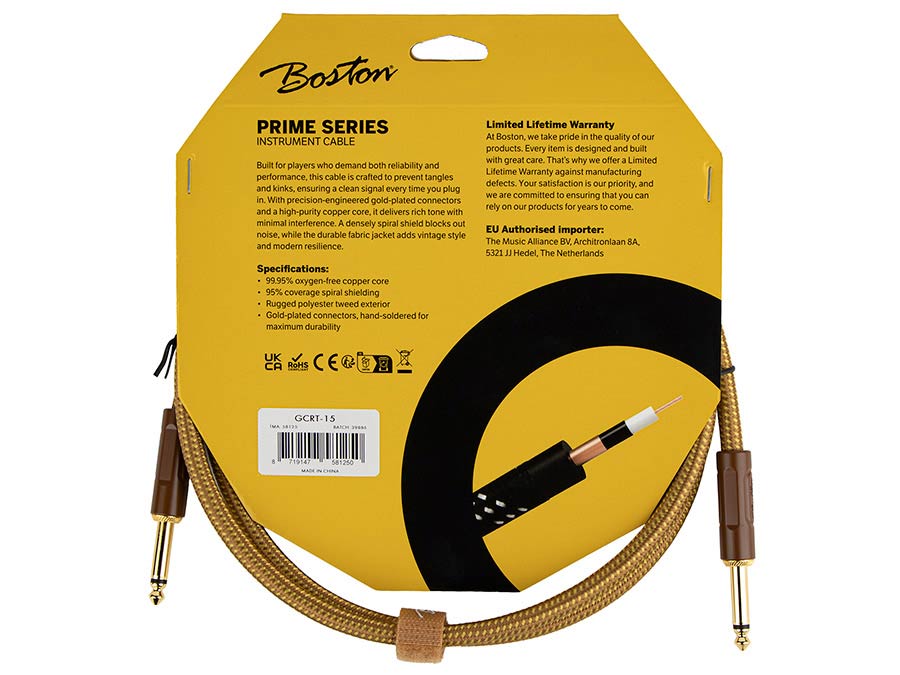 Boston GCRT-15 Gevlochten instrumentkabel Geel Tweed 1.5 meter