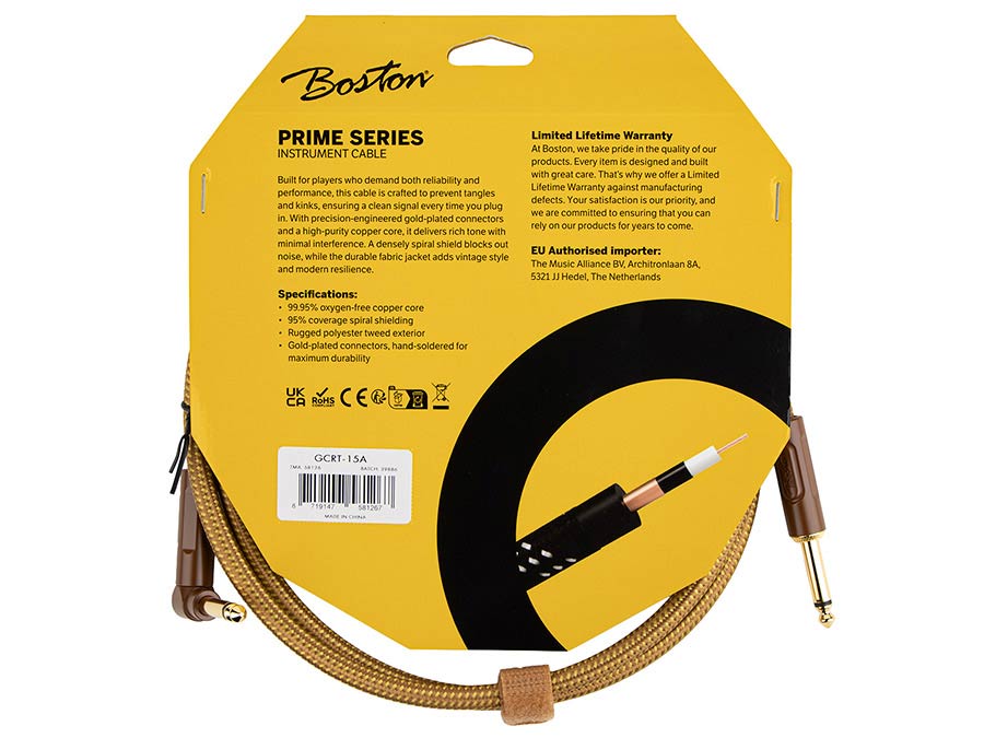 Boston GCRT-15A Gevlochten instrumentkabel Geel Tweed 1.5 meter
