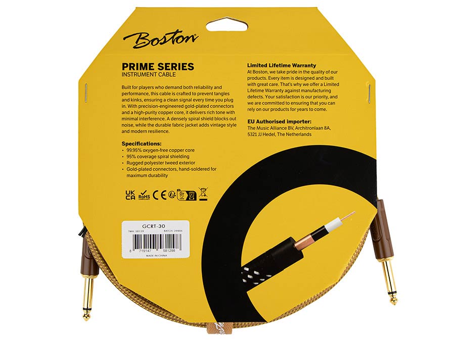 Boston GCRT-30 Gevlochten instrumentkabel Geel Tweed 3.0 meter