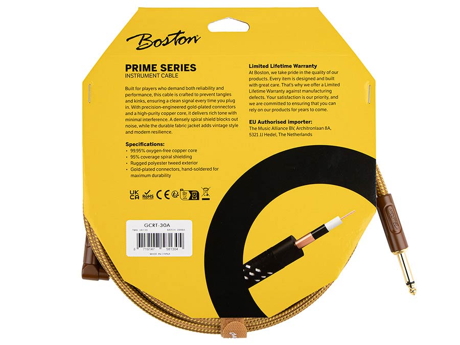 Boston GCRT-30A Gevlochten instrumentkabel Geel Tweed 3.0 meter